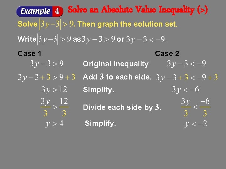 Solve an Absolute Value Inequality (>) Then graph the solution set. Write as or