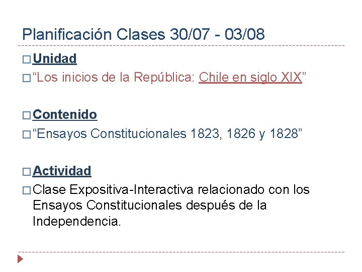 Planificación Clases 30/07 - 03/08 � Unidad � “Los inicios de la República: Chile