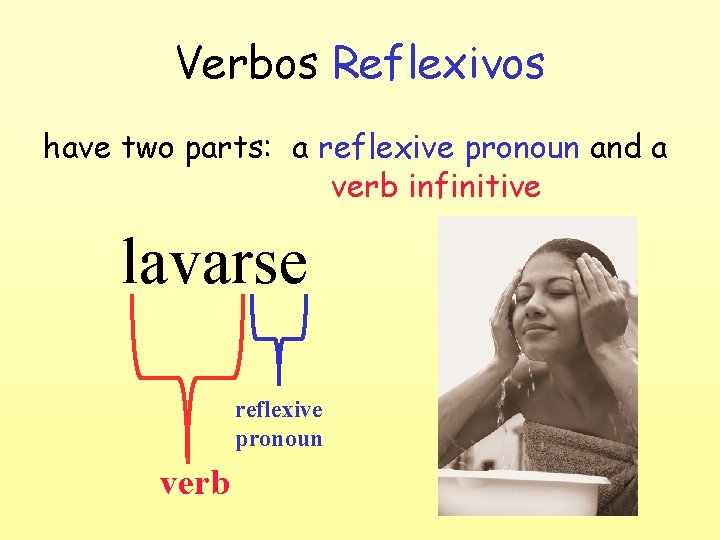 Verbos Reflexivos have two parts: a reflexive pronoun and a verb infinitive lavarse reflexive