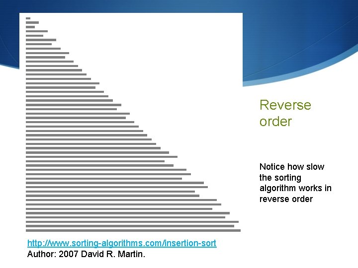 Reverse order Notice how slow the sorting algorithm works in reverse order http: //www.