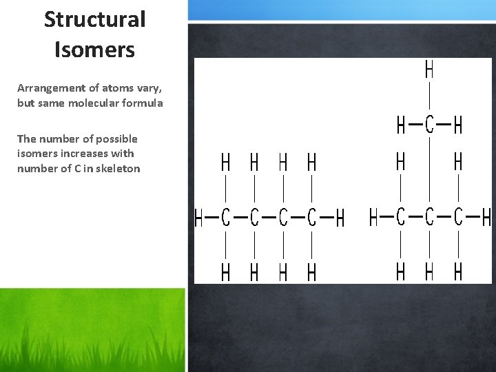 Structural Isomers Arrangement of atoms vary, but same molecular formula The number of possible