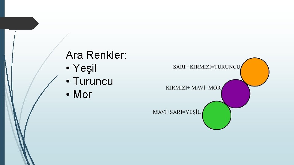 Ara Renkler: • Yeşil • Turuncu • Mor 