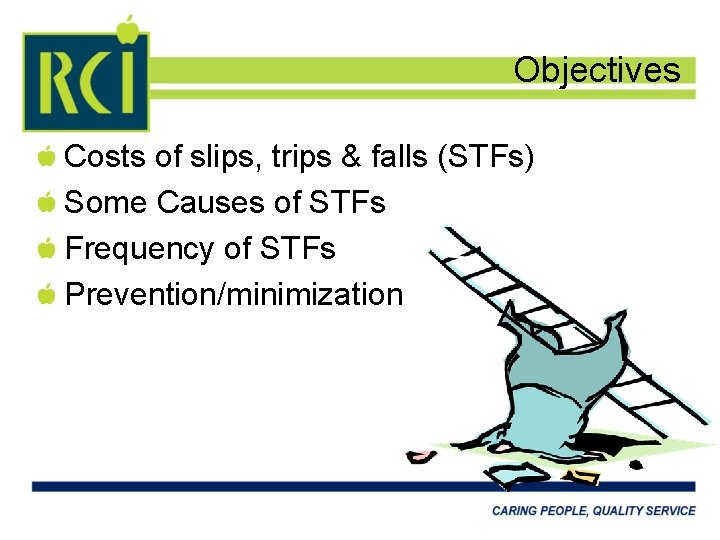 Objectives Costs of slips, trips & falls (STFs) Some Causes of STFs Frequency of