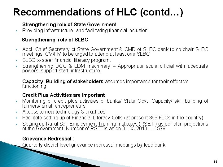 Recommendations of HLC (contd…) • Strengthening role of State Government Providing infrastructure and facilitating