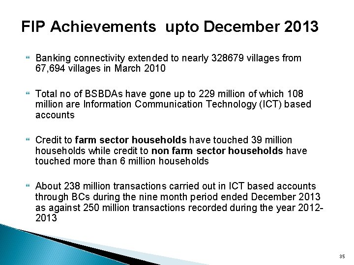 FIP Achievements upto December 2013 Banking connectivity extended to nearly 328679 villages from 67,