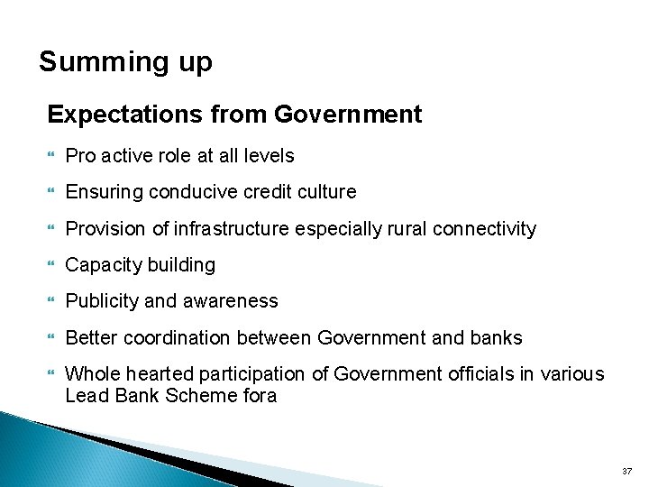 Summing up Expectations from Government Pro active role at all levels Ensuring conducive credit