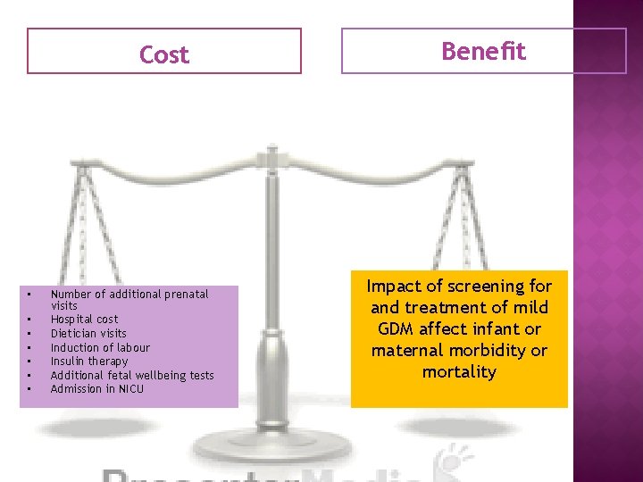 Cost • • Number of additional prenatal visits Hospital cost Dietician visits Induction of