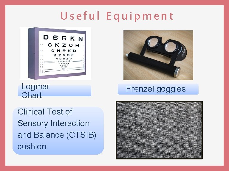 Useful Equipment Logmar Chart Clinical Test of Sensory Interaction and Balance (CTSIB) cushion Frenzel