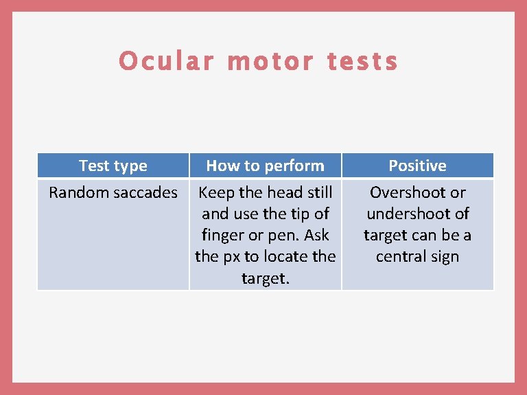 Ocular motor tests Test type Random saccades How to perform Keep the head still
