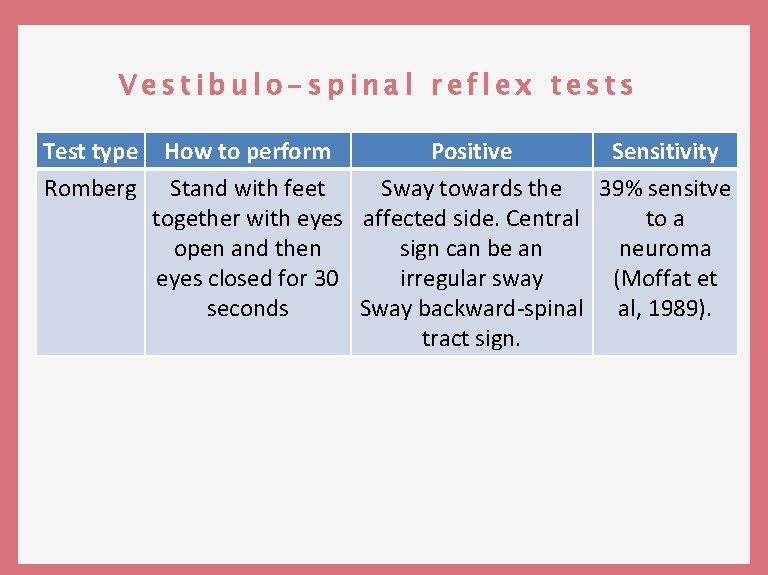 Vestibulo-spinal reflex tests Test type Romberg How to perform Positive Sensitivity Stand with feet