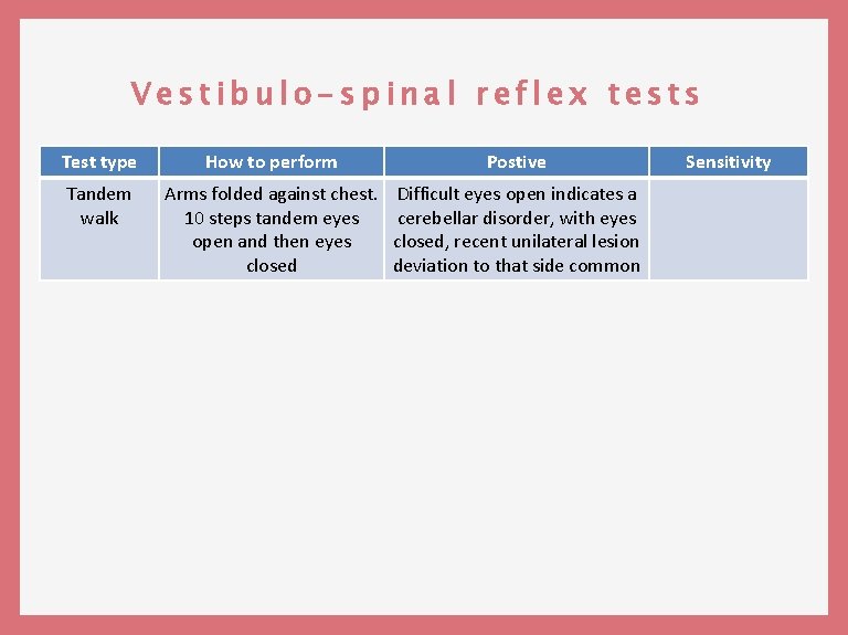 Vestibulo-spinal reflex tests Test type How to perform Postive Tandem walk Arms folded against