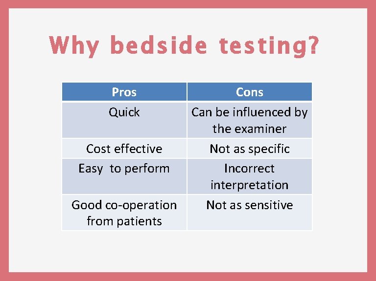 Why bedside testing? Pros Quick Cost effective Easy to perform Good co-operation from patients