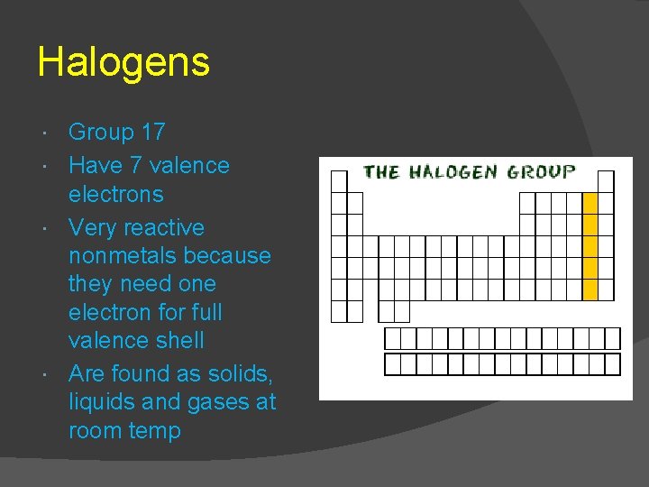 Halogens Group 17 Have 7 valence electrons Very reactive nonmetals because they need one