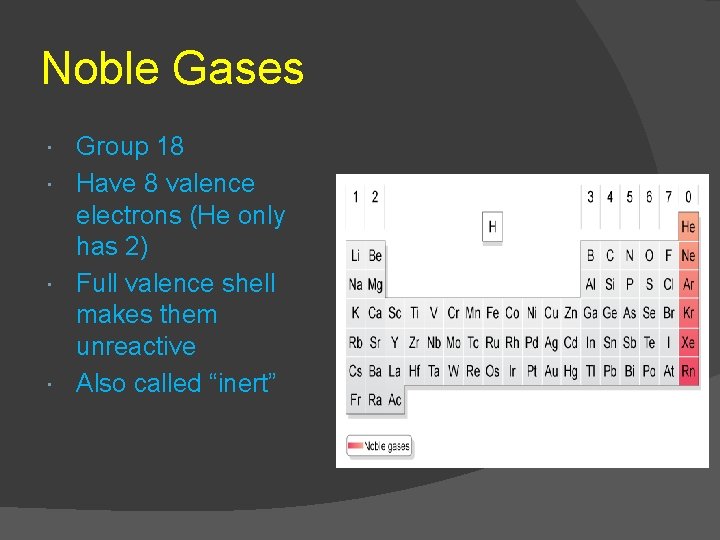 Noble Gases Group 18 Have 8 valence electrons (He only has 2) Full valence