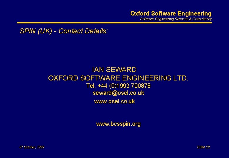 Oxford Software Engineering Services & Consultancy SPIN (UK) - Contact Details: IAN SEWARD OXFORD