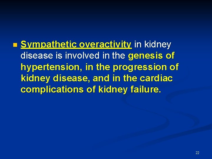 n Sympathetic overactivity in kidney disease is involved in the genesis of hypertension, in