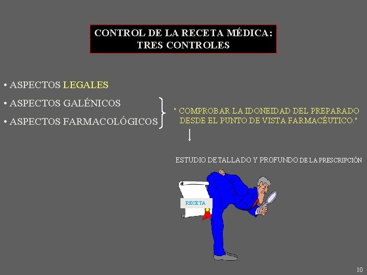 CONTROL DE LA RECETA MÉDICA: TRES CONTROLES • ASPECTOS LEGALES • ASPECTOS GALÉNICOS •