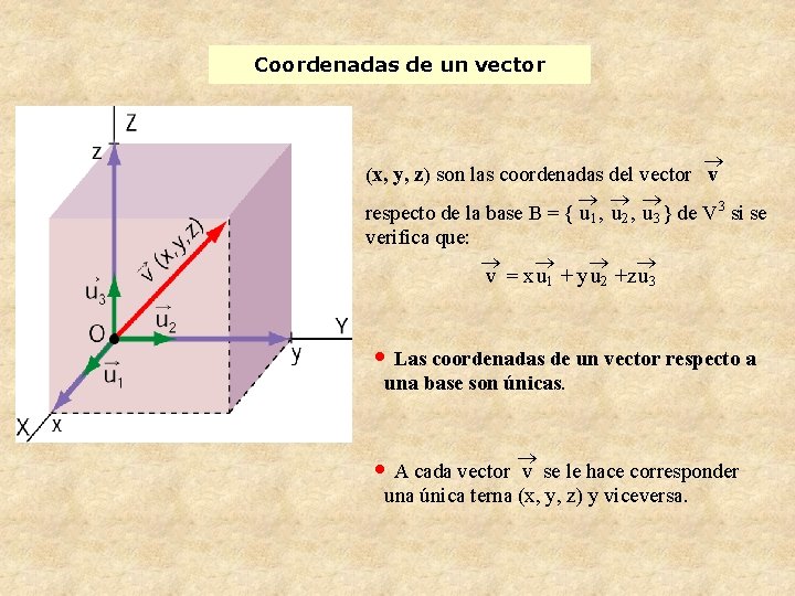 Coordenadas de un vector ® (x, y, z) son las coordenadas del vector v