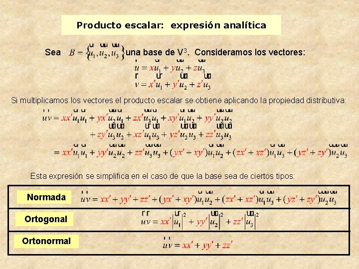 Producto escalar: expresión analítica Sea una base de V 3. Consideramos los vectores: Si
