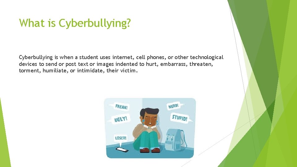 What is Cyberbullying? Cyberbullying is when a student uses internet, cell phones, or other