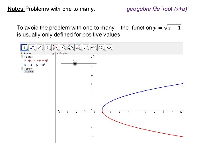 Notes Problems with one to many: geogebra file ‘root (x+a)’ 