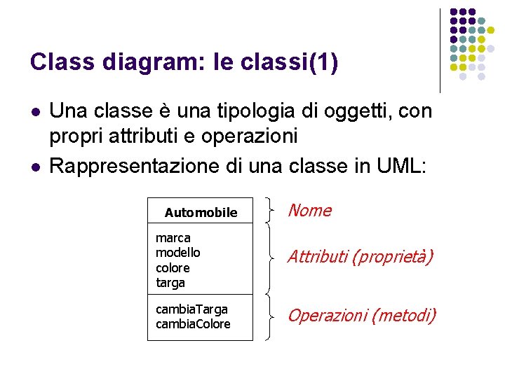 Class diagram: le classi(1) l l Una classe è una tipologia di oggetti, con
