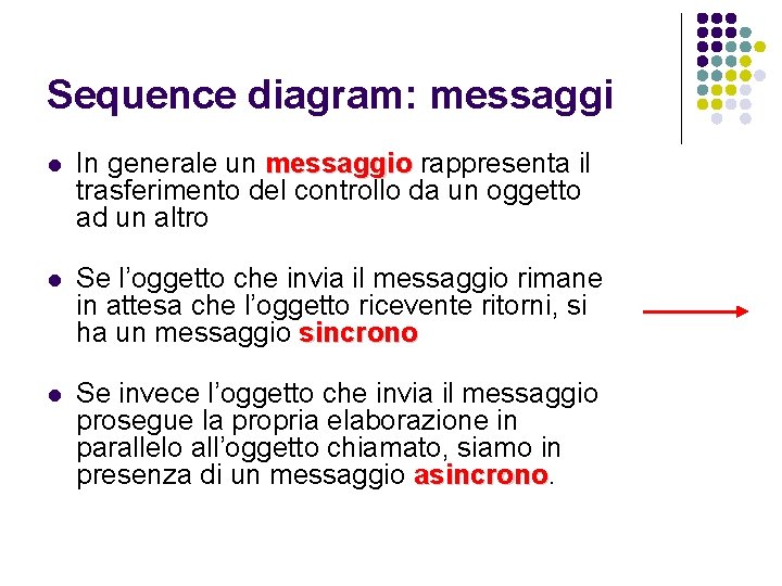 Sequence diagram: messaggi l In generale un messaggio rappresenta il trasferimento del controllo da