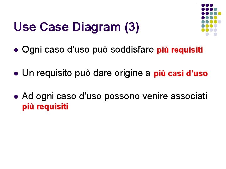 Use Case Diagram (3) l Ogni caso d’uso può soddisfare più requisiti l Un