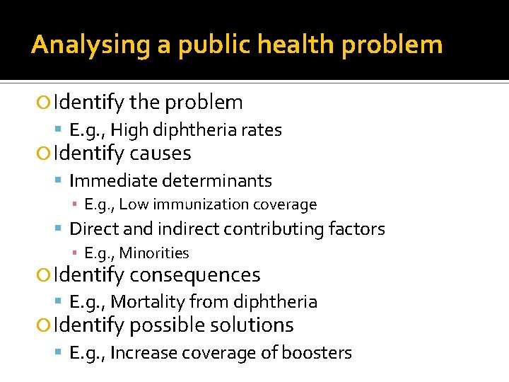 Analysing a public health problem Identify the problem E. g. , High diphtheria rates
