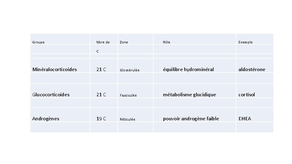 Groupe Nbre de Zone Rôle Exemple C Minéralocorticoides 21 C Glomérulée équilibre hydrominéral aldostérone
