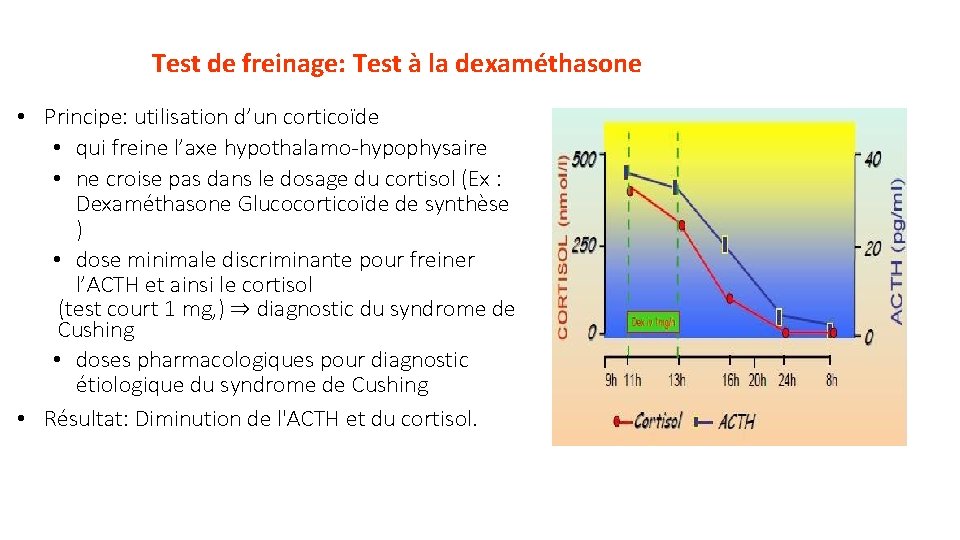 Test de freinage: Test à la dexaméthasone • Principe: utilisation d’un corticoïde • qui