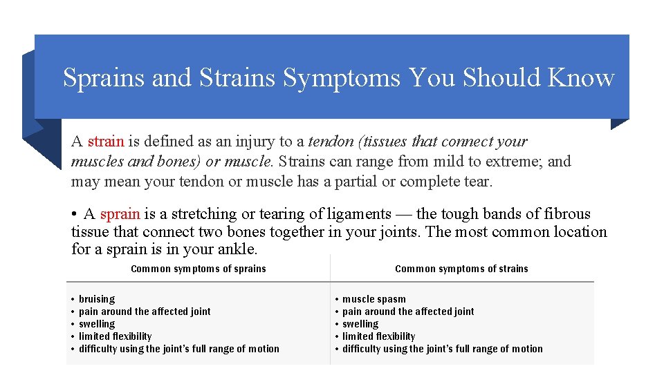 Sprains and Strains Symptoms You Should Know A strain is defined as an injury