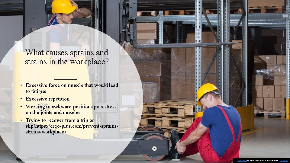 What causes sprains and strains in the workplace? • Excessive force on muscle that