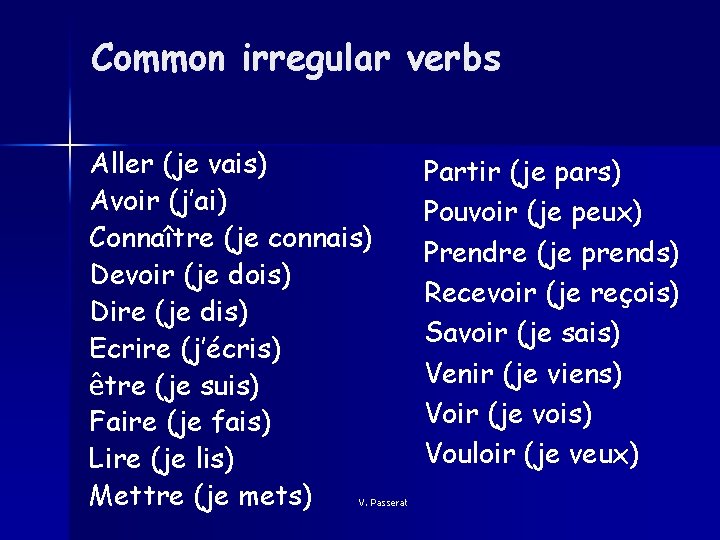 Common irregular verbs Aller (je vais) Avoir (j’ai) Connaître (je connais) Devoir (je dois)