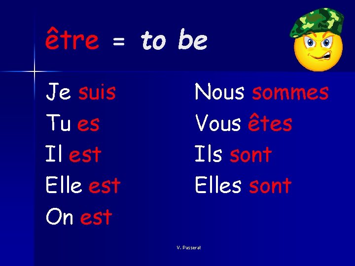 être = to be Je suis Tu es Il est Elle est On est