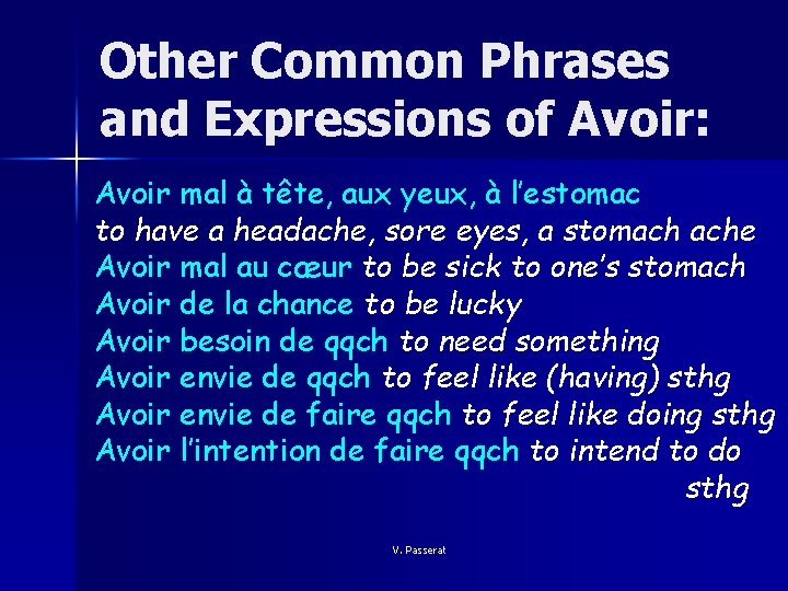 Other Common Phrases and Expressions of Avoir: Avoir mal à tête, aux yeux, à