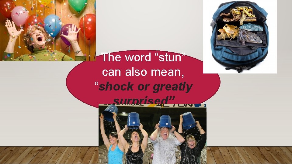 The word “stun” can also mean, “shock or greatly surprised” 