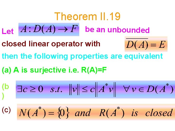 Theorem II. 19 Let be an unbounded closed linear operator with then the following