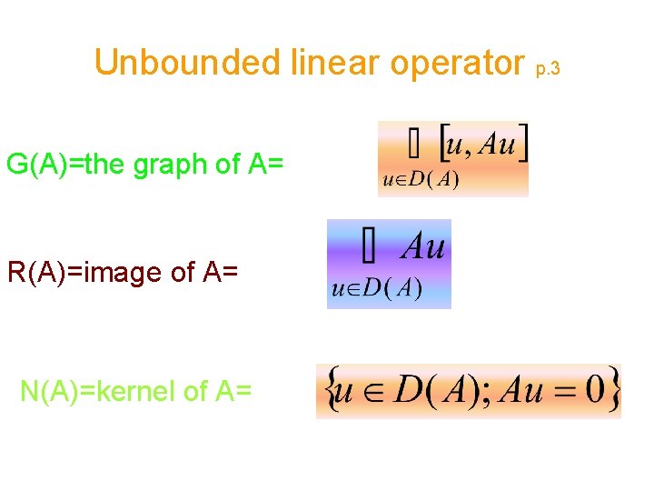 Unbounded linear operator p. 3 G(A)=the graph of A= R(A)=image of A= N(A)=kernel of