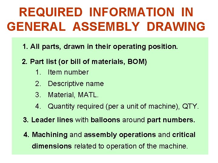 REQUIRED INFORMATION IN GENERAL ASSEMBLY DRAWING 1. All parts, drawn in their operating position.