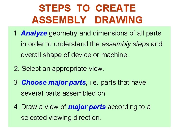 STEPS TO CREATE ASSEMBLY DRAWING 1. Analyze geometry and dimensions of all parts in