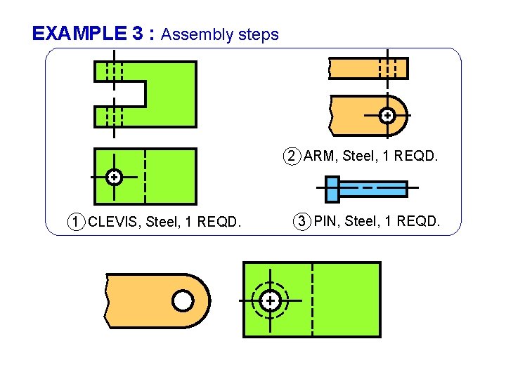 EXAMPLE 3 : Assembly steps 2 ARM, Steel, 1 REQD. 1 CLEVIS, Steel, 1