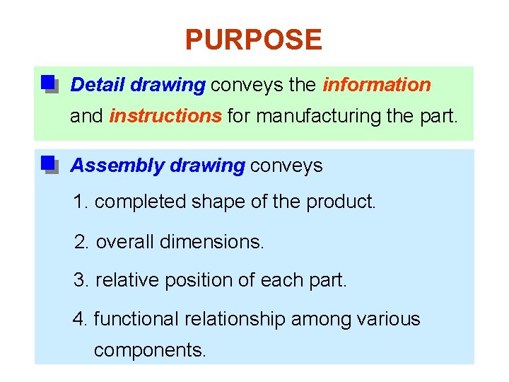 PURPOSE Detail drawing conveys the information and instructions for manufacturing the part. Assembly drawing