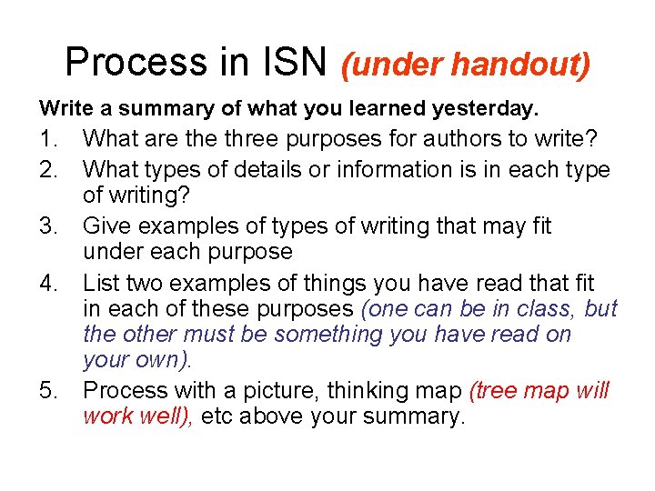 Process in ISN (under handout) Write a summary of what you learned yesterday. 1.