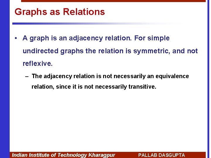 Graphs as Relations • A graph is an adjacency relation. For simple undirected graphs