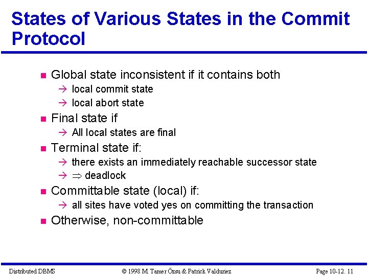 States of Various States in the Commit Protocol Global state inconsistent if it contains States of Various States in the Commit Protocol Global state inconsistent if it contains