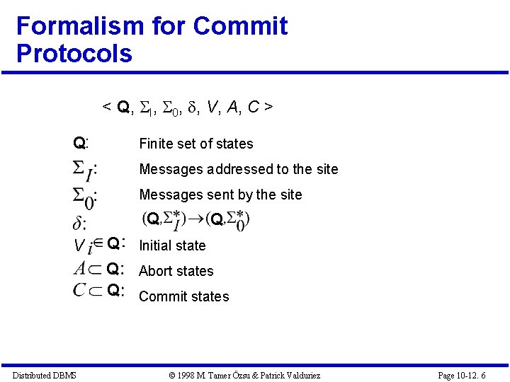 Formalism for Commit Protocols < Q, I, 0, , V, A, C > Q: Formalism for Commit Protocols < Q, I, 0, , V, A, C > Q: