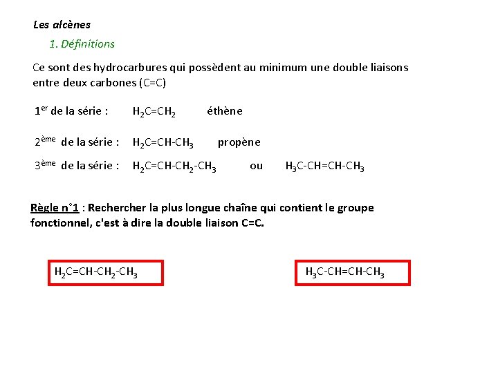 Les alcènes 1. Définitions Ce sont des hydrocarbures qui possèdent au minimum une double