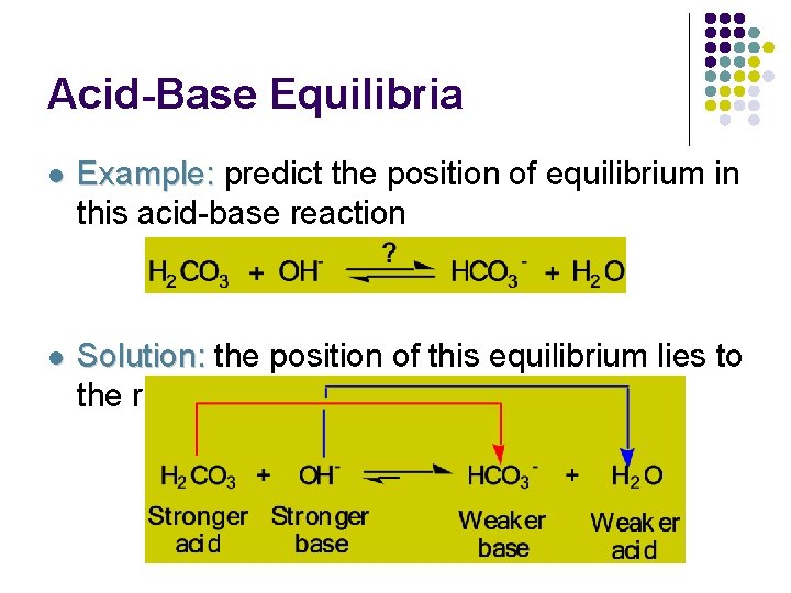 Acid-Base Equilibria l Example: predict the position of equilibrium in this acid-base reaction l