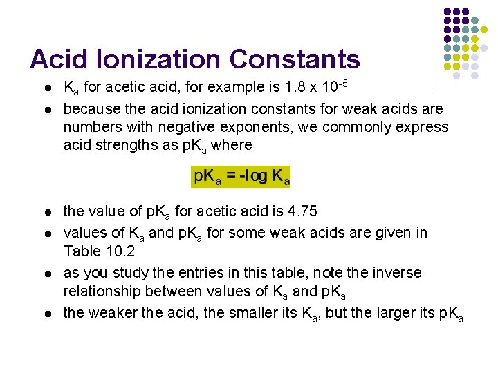 Acid Ionization Constants l l l Ka for acetic acid, for example is 1.